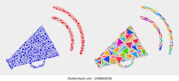 Megaphone sound collage icon of triangle elements which have various sizes and shapes and colors. Geometric abstract vector design concept of megaphone sound.