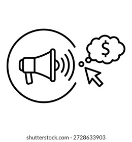 Megaphone with sound waves and cursor pointing to dollar sign in thought bubble