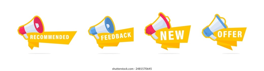 Megaphone speaker with announce, advertising, promotion banners. Megaphone icon set. Loudspeaker vector illustration. Loudspeaker for advertising and business promotion. 