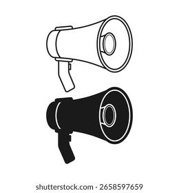 Megaphon Lautsprecher Flat Black und Outline-Stil. Megaphon für Nachrichten und Werbung. Einfaches Megaphon-Symbol.