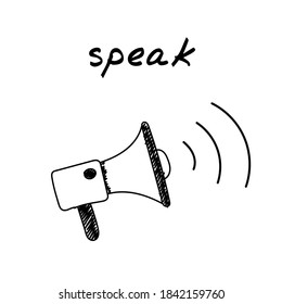 Megaphone speaker handdrawn illustration. Cartoon vector clip art of loudspeaker. Black and white sketch of a concept of announcement, sound waves, speech, performance, speaking through megaphone