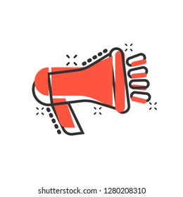Megaphone speaker icon in comic style. Bullhorn audio announcement vector cartoon illustration pictogram. Megaphone broadcasting business concept splash effect.