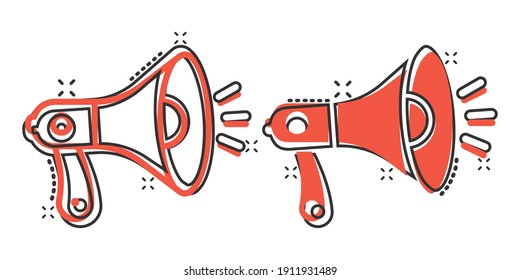 Megaphone speaker icon in comic style. Bullhorn sign cartoon vector illustration on white isolated background. Scream announcement splash effect business concept.