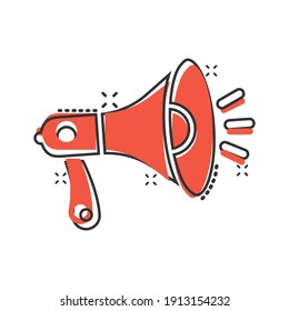 Megaphone speaker icon in comic style. Bullhorn sign cartoon vector illustration on white isolated background. Scream announcement splash effect business concept.