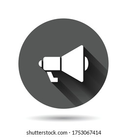 Megaphone speaker icon in flat style. Bullhorn sign vector illustration on black round background with long shadow effect. Scream announcement circle button business concept.