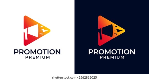 Megaphone Speaker Icon Logo Design Vector Template for Promotion or Marketing. Promotion Logo with Play Icon. Logo Vector of Megaphone, Promotion, Marketing, Speaker, Play, Button, Icon.