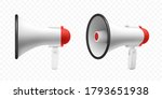 Megaphone speaker or loudspeaker bullhorn, vector realistic 3d mockup. Modern isolated megaphone loudhailer with microphone, red sound horn and handle, lifeguard alert and announcement speakerphone