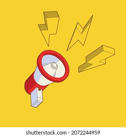 Megaphone speaker or loudspeaker bullhorn. Vector Marketing time concept, Isometric 3d mockup. Isolated megaphone loudhailer with microphone, sound horn, lifeguard alert and announcement speakerphone.