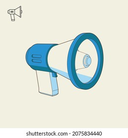 Megaphone speaker or loudspeaker bullhorn. Vector Marketing time concept, Isometric 3d mockup. Isolated megaphone loudhailer with microphone, sound horn, lifeguard alert and announcement speakerphone.