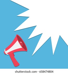 Megaphone, speaker, loudspeaker round icon. Announcement sign symbol in the corner. Star speech talking bubble template. Flat design. Red color. Blue background. Isolated. Vector illustration