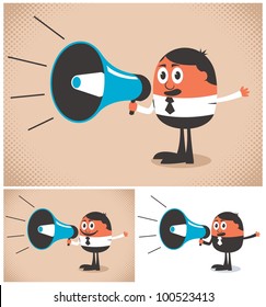 Megaphone Speaker: Man speaking in a megaphone. The illustration is in 3 versions. No transparency and gradients used.