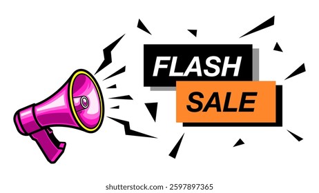 Megaphone speaker for sales and shopping online advertisement. Flash sale, Best choice, order now, special offer, big sale banner. Loud speaker tag and sticker. Vector Megaphone label icon logo