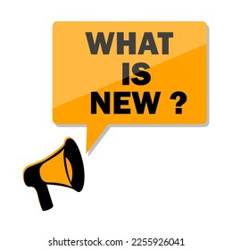 Megaphonlautsprecher. Was ist neu? Realistische Megafon-Nachricht. Werbeplakat.