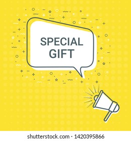 Megaphone With Special Gift Speech Bubble. Loudspeaker. Illustrations For Promotion Marketing For Prints And Posters, Menu Design, Shop Cards, Cafe, Restaurant Badges, Tags, Packaging etc. eps 10