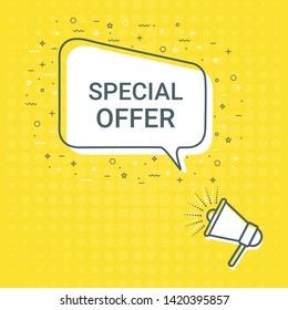 Megaphone With Special Offer Speech Bubble. Loudspeaker. Illustrations For Promotion Marketing For Prints And Posters, Menu Design, Shop Cards, Cafe, Restaurant Badges, Tags, Packaging etc. eps 10