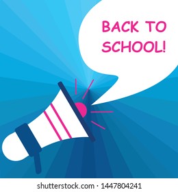 Megaphone and speech bubble with back to school word on blue background. Vector graphic illustration.