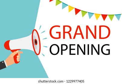 Megaphone with speech bubble and balloons. Grand opening concept. Vector Illustration. EPS10