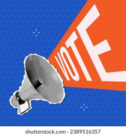 Megaphone speech bubble with big word - vote. Halftone collage Banner for 2024 president election. Democracy, Freedom of speech. Dotted vector illustration.