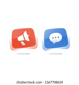 Megaphone and speech bubble buttons, media concept, spread information, vector flat icons