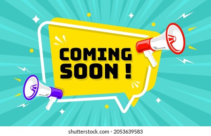 Megaphone with speech bubble and coming soon announcement