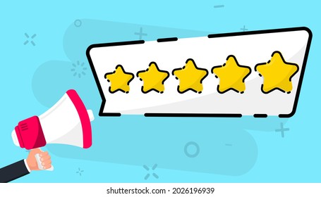 Megaphone and speech bubble with five gold star rating. Customer review. Feedback concept. Online feedback reputation quality customer review, business concept for apps and websites