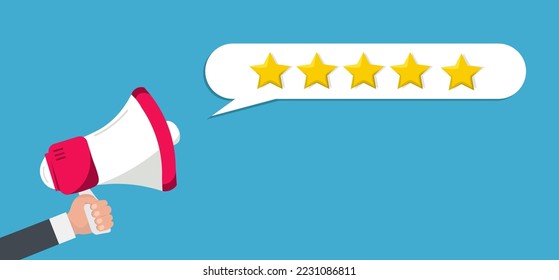 Megaphone und Sprachblase mit fünf goldenen Sternen. Kundenbericht. Feedback-Konzept. Online-Feedback
