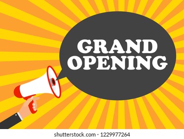 Megaphone with speech bubble. Grand opening concept. Vector Illustration. EPS10