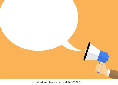 Megaphone with speech bubble in hand. Illustration in flat style. Vector illustration
