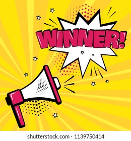 Megaphone and speech bubble with inscription WINNER on yellow background in pop art style. Vector illustration
