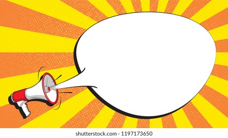 megaphone and speech bubble on colorful  background with radial lines and halftone dots in retro pop art style 