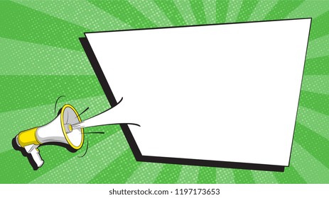 megaphone and speech bubble on colorful  background with radial lines and halftone dots in retro pop art style 
