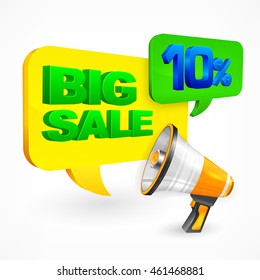 Megaphone & speech bubble, promo communication concept for sale. Realistic louderspeacer & space for text, social media marketing concept, vector illustration