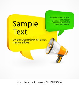 Megaphone & speech bubble, promo communication concept for sale. Realistic louderspeacer & space for text, social media marketing concept, vector illustration