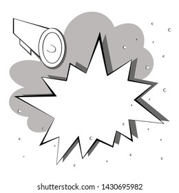 Megaphone and speech bubble in retro pop art style isolated on white background with flash from explosion.