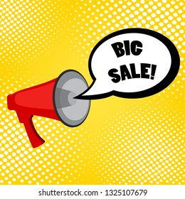 Megaphone and speech bubble with text - Big sale, simple flat vector  illustration  on yellow background