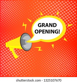 Megaphone and speech bubble with text - Grand opening, simple flat vector  illustration  on red background