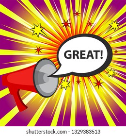 Megaphone and speech bubble with text - GREAT! Simple flat vector illustration.
