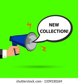 Megaphone and speech bubble with text - New Collection, simple flat vector  illustration 