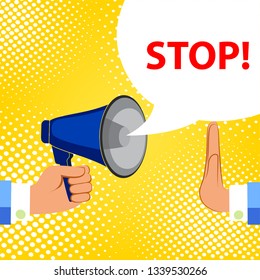 Megaphone and speech bubble with text - STOP, simple flat vector  illustration.