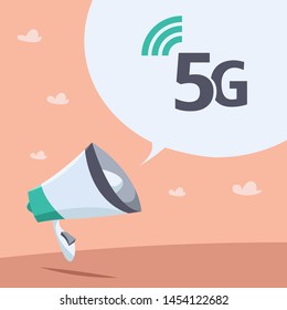 Megaphone speech bubbles important message speaking out 5G internet connection. Flat vector illustration.