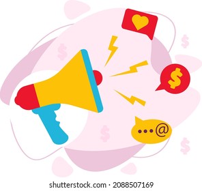 Megáfono con una plantilla de voz. Mensajes sobre descuentos y promociones. Ilustración en un estilo plano aislado.