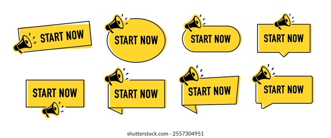 Megaphone with start now speech bubble. Loudspeaker. Banner for business, marketing and advertising. Vector illustration.