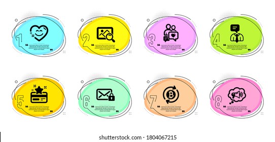 Megaphone, Support service and Search photo signs. Timeline infographic. Dating chat, Refresh bitcoin and Smile chat line icons set. Secure mail, Loyalty card symbols. Vector