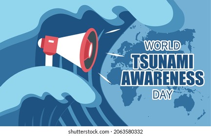 Megaphone surfing on tsunami waves illustration. Warning concept. World tsunami awareness day banner.