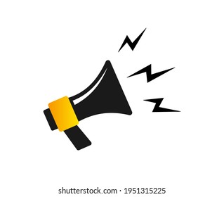 Megaphone symbol. B;ack and yellow icon of loudspeaker. Concept of news, announce, propaganda, promotion, broadcast, media, message. Vector illustration isolated  white eps 10