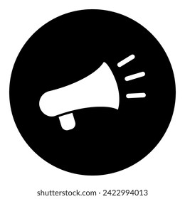 A megaphone symbol in the center. Isolated white symbol in black circle. Vector illustration on white background