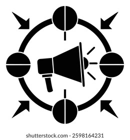 megaphone symbol, circular design, arrows pointing outward,