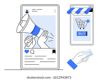 Megaphone symbol on social media post mobile interface, online shopping cart on mobile screen, and hand holding a credit card. Ideal for digital marketing, social media ads, e-commerce, online sales
