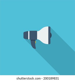 Megaphone symbol. Vector illustration of flat color icon with long shadow.  