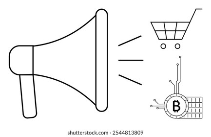 A megaphone symbolizing digital marketing is shown next to a shopping cart and a Bitcoin coin. Ideal for advertising, e-commerce, cryptocurrency, financial technology, online shopping. Simple line